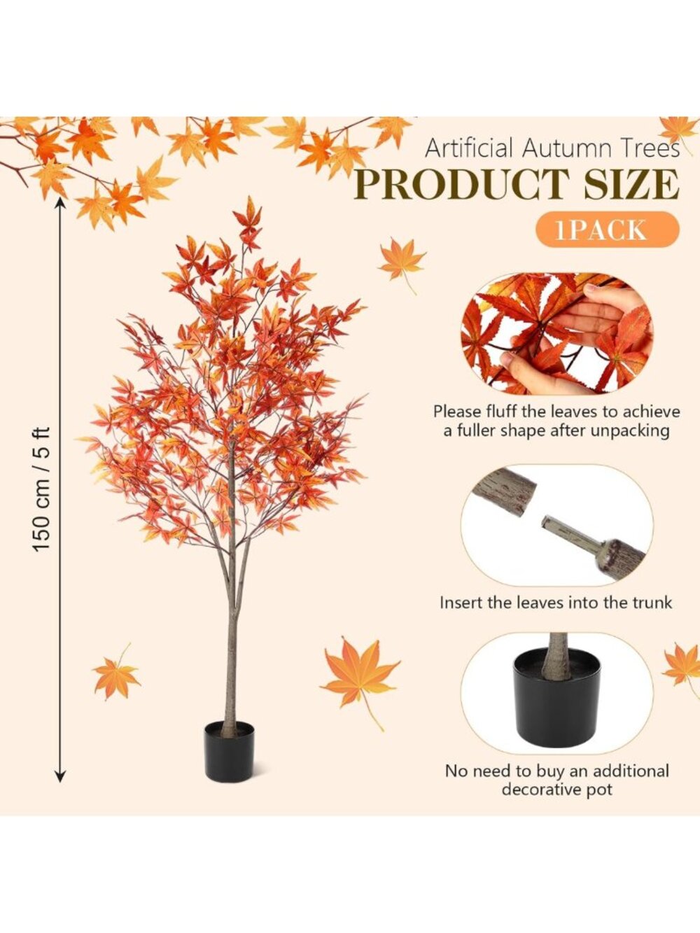 5Ft Autumn Artificial Maple Tree Decor - Fall Home Decoration, Seasonal Accent - Picture 3 of 7